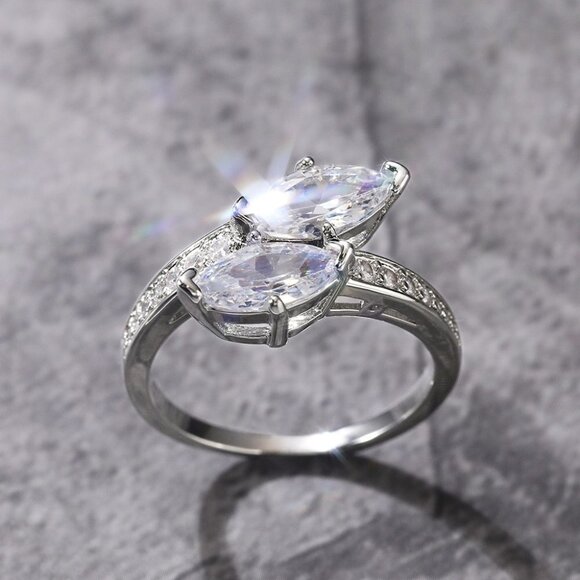 🌸Beautiful Twisted Double Marquis Pure CZ Silver Trendy Fashion Ring, K912 - Picture 9 of 11
